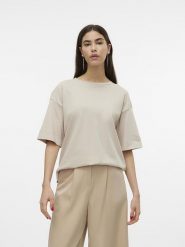 Vero Moda Koszulka "Didde" w kolorze beżowym rozmiar: XS. Brązowe bluzki Vero Moda, xs, bez wzorów, z bawełny, bez kołnierzyka, bez ramiączek. Za 51.80 zł.