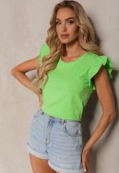 Jasnozielona Bawełniana Bluzka z Falbankami przy Ramionach Marissela. Zielone bluzki Renee, m, bez wzorów, z bawełny, bez kołnierzyka, bez ramiączek. Za 49.99 zł.