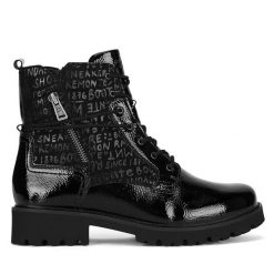 Trzewiki Remonte. Czarne botki Remonte, bez wzorów, bez obcasa, na płaskiej podeszwie, bez zapięcia. Za 359.00 zł.