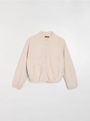 Bluza bomberka z domieszką wiskozy soft touch - beżowy. Brązowe bluzy Sinsay, l, bez wzorów, z wiskozy, bez kaptura. Za 49.99 zł.