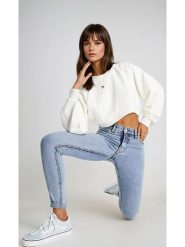 Monki Dżinsy - Slim fit - w kolorze błękitnym rozmiar: W34. Niebieskie jeansy Monki, bez wzorów, z podwyższonym stanem. Za 34.45 zł.