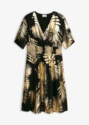 Sukienka z dżerseju ze złotym nadrukiem. Czarne sukienki bonprix, bez wzorów, z dżerseju, eleganckie, bez kołnierzyka, bez ramiączek. Za 142.99 zł.