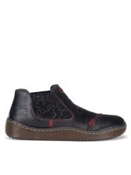 Rieker Sztyblety L8491-00 Czarny. Czarne botki Rieker, bez wzorów, ze skóry, bez obcasa, na płaskiej podeszwie, bez zapięcia. Za 339.99 zł.