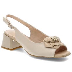 Sandały damskie S.Barski, na stabilnym obcasie z odkrytym noskiem i regulowanym paskiem wokół pięty ozdobione efektowną aplikacją w kształcie kwiatu,. Brązowe sandały S.BARSKI, z aplikacjami, bez obcasa, na obcasie, bez zapięcia. Za 329.00 zł.