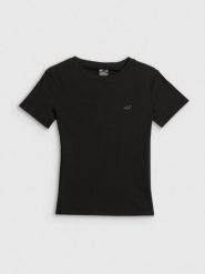 4F T-shirt slim prążkowany damski - czarny XS. Czarne t-shirty 4f, xs, bez wzorów, z dzianiny, bez kołnierzyka, bez ramiączek. Za 49.99 zł.