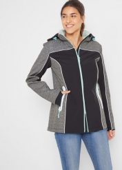 Kurtka softshell z odblaskowymi elementami, z materiału odpychającego wodę. Szare kurtki sportowe bonprix, bez wzorów, z softshellu, bez kaptura. Za 299.99 zł.