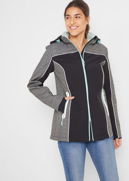 Kurtka softshell z odblaskowymi elementami, z materiału odpychającego wodę. Szare kurtki sportowe bonprix, bez wzorów, z softshellu, bez kaptura. Za 269.99 zł.