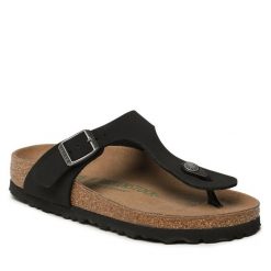 Japonki Birkenstock. Czarne klapki Birkenstock, bez wzorów, bez obcasa. Za 449.99 zł.