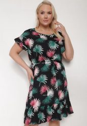 Czarno-Zielona Bawełniana Sukienka z Florystycznym Motywem i Wiązaniem w Talii Rissani. Czarne sukienki Born2be, na imprezę, na lato, l, bez wzorów, z bawełny, bez kołnierzyka, bez ramiączek. Za 59.99 zł.