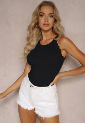 Czarny Casualowy Prążkowany Top z Wiskozą Wykończony Koronką Luvia. Czarne topy Renee, m, bez wzorów, z jeansu, bez kołnierzyka, bez ramiączek. Za 49.99 zł.