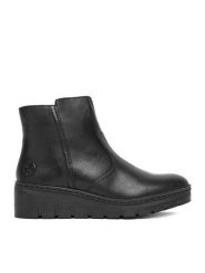 Rieker Botki CEO-X9165-01 Czarny. Czarne botki Rieker, bez wzorów, ze skóry, bez obcasa, na koturnie, bez zapięcia. Za 379.99 zł.