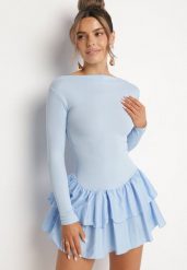 Niebieska Rozkloszowana Sukienka z Długim Rękawem i Falbanką Reonaria. Niebieskie sukienki Born2be, na co dzień, bez wzorów, eleganckie, bez kołnierzyka, bez ramiączek, mini, rozkloszowane. Za 89.99 zł.