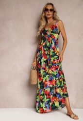 Czarno-ZIelona Kopertowa Sukienka z Wiskozy na Ramiączkach i Gumką w Talii Tiamali. Czarne sukienki Renee, na co dzień, s, bez wzorów, z wiskozy, eleganckie, bez kołnierzyka, bez ramiączek, maxi, kopertowe. Za 54.99 zł.