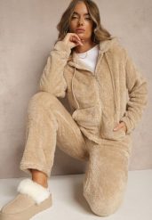 Beżowy Futerkowy Komplet Dresowy Bluza na Suwak z Kapturem i Spodnie Anatilea. Brązowe bluzy Renee, bez wzorów, z dresówki, z kapturem. Za 79.99 zł.