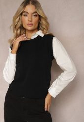 Czarna Kamizelka z Klasyczną Koszulą Nellamira. Czarne koszule Renee, bez wzorów, klasyczne, bez kołnierzyka, bez ramiączek. Za 119.99 zł.