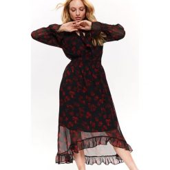 SZYFONOWA SUKIENKA Z FALBANĄ. Czarne sukienki TOP SECRET, na lato, bez wzorów, z szyfonu, eleganckie, bez kołnierzyka, bez ramiączek, maxi. W wyprzedaży za 49.99 zł.