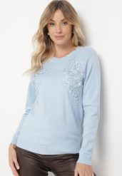 Jasnoniebieski Sweter z Koronkowymi Wstawkami z Bawełną Deriera. Niebieskie swetry Born2be, m, z aplikacjami, z bawełny, bez ramiączek. Za 64.99 zł.