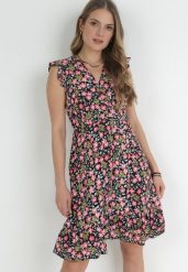 Czarna Rozkloszowana Sukienka z Wiskozy w Kwiaty Evalis. Czarne sukienki Born2be, na lato, l, bez wzorów, z wiskozy, bez kołnierzyka, bez ramiączek, mini, rozkloszowane. Za 49.99 zł.