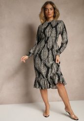 Czarna Rozkloszowana Sukienka w Etniczny Print z Gumką w Talii i Falbanką Napirea. Czarne sukienki Renee, na co dzień, m, bez wzorów, eleganckie, bez kołnierzyka, bez ramiączek, midi, rozkloszowane. Za 79.99 zł.