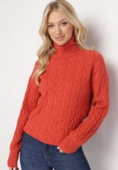 Pomarańczowy Sweter z Golfem w Warkoczowy Splot ze Ściągaczami Maraiwai. Brązowe golfy Born2be, na jesień, bez wzorów, ze splotem, bez ramiączek. Za 99.99 zł.