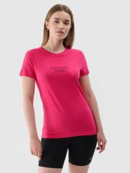 4F T-shirt slim z nadrukiem damski - różowy XS. Czerwone t-shirty 4f, xs, bez wzorów, z dzianiny, bez kołnierzyka, bez ramiączek. W wyprzedaży za 29.99 zł.