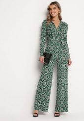 Zielony Wzorzysty Kombinezon z Długim Rękawem i Szerokimi Spodniami z Wiązaniem w Pasie Vilati. Zielone sukienki Born2be, l, bez wzorów, eleganckie, bez kołnierzyka, bez ramiączek. Za 149.99 zł.