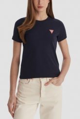 GUESS Granatowy damski t-shirt na krótki rękaw Crew Neck Mini Triangle, Rozmiar L. Niebieskie t-shirty Guess, l, z aplikacjami, bez kołnierzyka, bez ramiączek. W wyprzedaży za 99.99 zł.