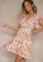 Pomarańczowa Kwiatowa Kopertowa Sukienka z Bawełny Ulosiana. Brązowe sukienki Renee, na co dzień, l, bez wzorów, z bawełny, eleganckie, bez kołnierzyka, bez ramiączek, mini, kopertowe. Za 39.99 zł.