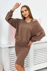 Komplet bluzka + sukienka prążkowana mocca. Sukienki KESI, na co dzień, l, bez wzorów, z bawełny, eleganckie, bez kołnierzyka, bez ramiączek. Za 292.73 zł.