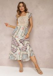 Niebiesko-Beżowa Bawełniana Sukienka z Szydełkową Wstawką i Wzorem Paisley Rynlia. Niebieskie sukienki Renee, na co dzień, l, bez wzorów, z bawełny, bez kołnierzyka, bez ramiączek, maxi, proste. Za 54.99 zł.