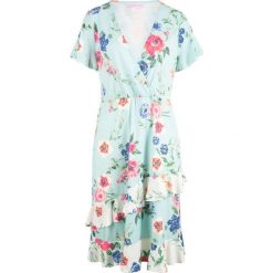 Sukienka kopertowa z kolekcji Maite Kelly bonprix lodowy miętowy w kwiaty. Niebieskie sukienki bonprix, z aplikacjami, bez kołnierzyka, bez ramiączek, midi, kopertowe. Za 54.99 zł.