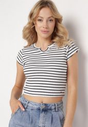 Biało-Czarny Bawełniany T-shirt Koszulka z Krótkim Rękawem i Wycięciem przy Dekolcie Zolianara. Białe bluzki Born2be, m, bez wzorów, z bawełny, bez kołnierzyka, bez ramiączek. Za 34.99 zł.