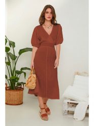 Rodier Lin Lniana sukienka w kolorze brązowym rozmiar: L/XL. Brązowe sukienki Rodier Lin, l, bez wzorów, ze lnu, bez kołnierzyka, bez ramiączek, maxi. Za 208.95 zł.
