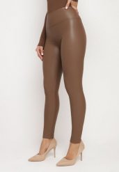 Brązowe Legginsy z Ekoskóry z Wysokim Stanem i Polarem Labira. Brązowe legginsy Born2be, l, z aplikacjami, z jeansu, z podwyższonym stanem. Za 39.99 zł.