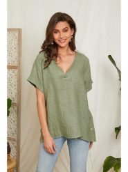 Lin Passion Lniana bluzka w kolorze zielonym rozmiar: 36/38. Zielone bluzki Lin Passion, bez wzorów, ze lnu, klasyczne, bez kołnierzyka, bez ramiączek. Za 145.94 zł.