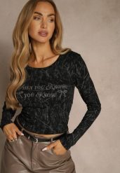 Czarna Bluzka Longsleeve Ozdobiona Geometrycznym Motywem Uninessa. Czarne bluzki Renee, l, bez wzorów, z jeansu, bez kołnierzyka, bez ramiączek. Za 49.99 zł.