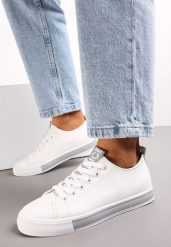 Biało-Szare Sznurowane Tenisówki na Ozdobnej Podeszwie z Taśmą z Napisami na Języku Majara. Białe trampki Renee, bez wzorów, bez zapięcia. Za 59.99 zł.