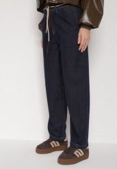 Niebieskie Bawełniane Jeansy o Szerokim Kroju z Wysokim Stanem ze Sznurkiem Carmencita. Niebieskie jeansy Born2be, l, bez wzorów, z podwyższonym stanem. Za 99.99 zł.