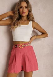 Ciemnoróżowe Bawełniane Szorty z Paskiem Haidiera. Czerwone szorty Renee, bez wzorów, z bawełny, eleganckie, z podwyższonym stanem. Za 49.99 zł.