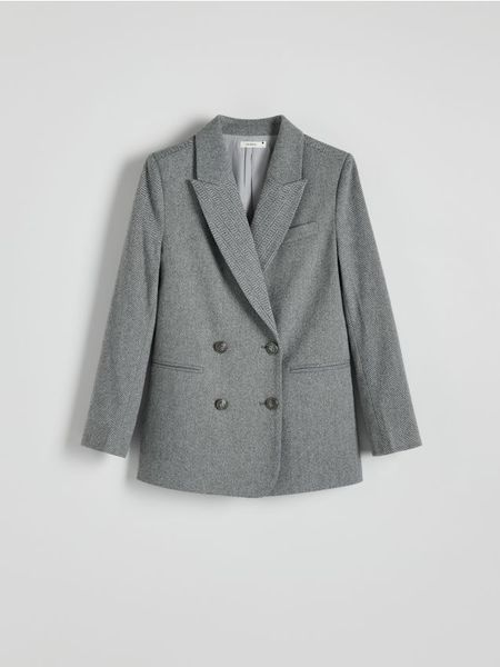 Dwurzędowa marynarka w jodełkę - ciemnoszary. Szare marynarki i żakiety Reserved, l, bez wzorów, z dzianiny. Za 179.99 zł.