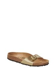 Birkenstock Klapki "Madrid" w kolorze złotym rozmiar: 35. Żółte klapki Birkenstock, bez wzorów, z otwartym noskiem, bez obcasa. Za 258.52 zł.