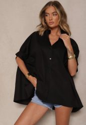 Czarna Koszula z Bawełny Oversize Zienessa. Czarne koszule Renee, bez wzorów, z bawełny, eleganckie, bez kołnierzyka, bez ramiączek. Za 79.99 zł.