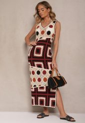 Beżowo-Brązowa Szydełkowa Sukienka z Bawełny o Dopasowanym Fasonie Atenissa. Brązowe sukienki Renee, na imprezę, bez wzorów, z bawełny, boho, bez kołnierzyka, bez ramiączek, maxi, dopasowane. Za 189.99 zł.