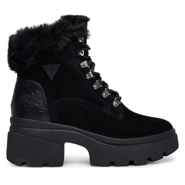 Trzewiki Guess. Czarne botki Guess, z aplikacjami, bez obcasa, na słupku, bez zapięcia. Za 599.99 zł.