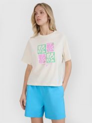 4F T-shirt oversize z nadrukiem damski - biały XS. Białe koszulki sportowe 4f, bez wzorów, z bawełny, bez ramiączek. W wyprzedaży za 39.99 zł.