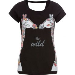 T-shirt z nadrukiem bonprix czarny. Czarne t-shirty bonprix, z aplikacjami, bez kołnierzyka, bez ramiączek. Za 24.99 zł.