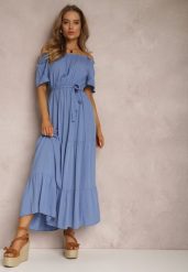 Niebieska Sukienka Amiphiphae. Niebieskie sukienki Renee, l, bez wzorów, z materiału, bez kołnierzyka, bez ramiączek, maxi, rozkloszowane. Za 54.99 zł.