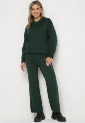 Ciemnozielony Dzianinowy Komplet Bluza z Kapturem w Warkoczowy Splot i Spodnie z Szerokimi Nogawkami Narahai. Zielone bluzy Born2be, bez wzorów, z dzianiny, z kapturem. Za 129.99 zł.