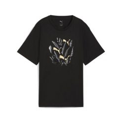 Damska koszulka o luźnym kroju z grafiką liści PUMA Black. Czarne bluzki Puma, bez wzorów, sportowe, bez kołnierzyka, bez ramiączek. Za 129.00 zł.