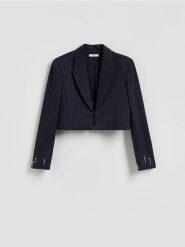 Krótka marynarka z aplikacjami - granatowy. Niebieskie marynarki i żakiety Reserved, l, z aplikacjami, z tkaniny. Za 159.99 zł.